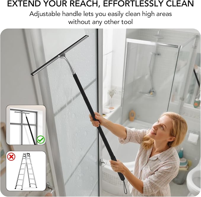 Shower Squeegee for Glass Doors, Telescopic Window Cleaner Tool | 15-51" Squeegee for Shower Glass, Squeegee for Window Cleaning with Long Handle for Tile Walls, Sliding Door, Car Windshield