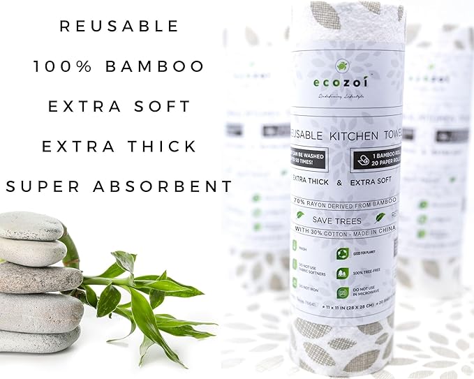 Ecozoi Bamboo Rayon Reusable Towels - 4 Pack | Equivalent to 80 Regular Rolls | 70% Rayon from Bamboo and 30% Cotton Kitchen Paper Rolls | 50 Times More Usage than Regular Paper Rolls