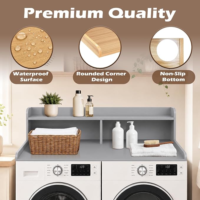 Royxen Laundry Countertop with 2-Tier Shelf Universal Fit, Washer and Dryer Countertop with Storage Space, Shelf Height 11.5 Inches, Solid Wood Core, Grey