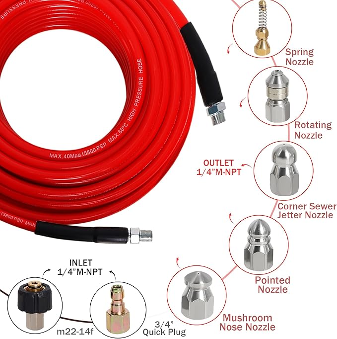 Sewer Jetter Kit for Pressure Washer 50FT, 5800PSI Drain Cleaner Hose 1/4 Inch NPT Corner with 5 Sewer Jetting Nozzles，Waterproof Tape，Pearl Corsage Pin & 2 Spanners (Red)