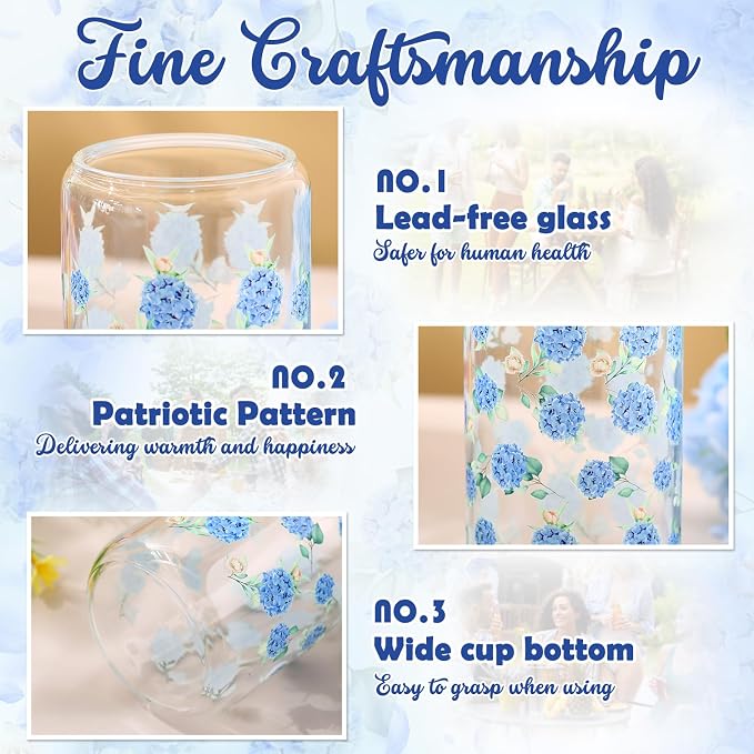 Sliner 2 Pcs Hydrangea Glass Cups Floral Gifts Flower Drinking Glasses 16 oz Iced Coffee Tumbler with Lid Straw Cute Beer Can Tumbler Holiday Gifts for Spring Summer Home Office Decorations