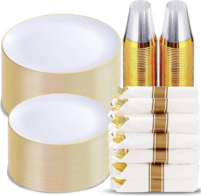 KIRE 350 PCS White and Gold Plates Disposable - Elegant Dinnerware Set of 50 Guest, White Plastic Plates With Gold Rim, Pre Rolled Napkins with Silverware & Cups for Party/Wedding
