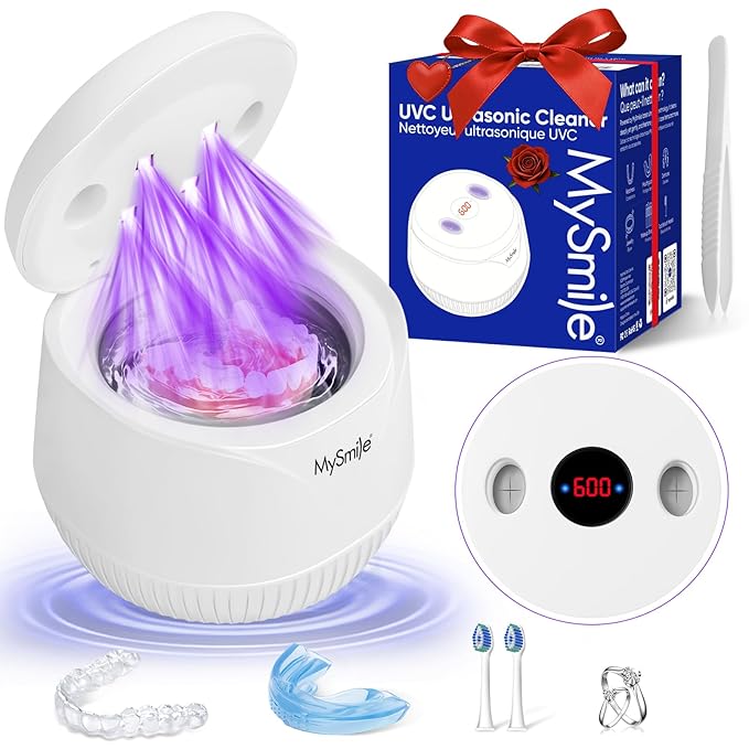 MySmile Dental Ultrasonic Retainer Cleaner Machine- 45kHz UV Denture Cleaner with 200ML Capacity for Aligner, Braces, Mouth Guard, Night Guard, Portable Dental Cleaning Pod with Digital Timer (White)