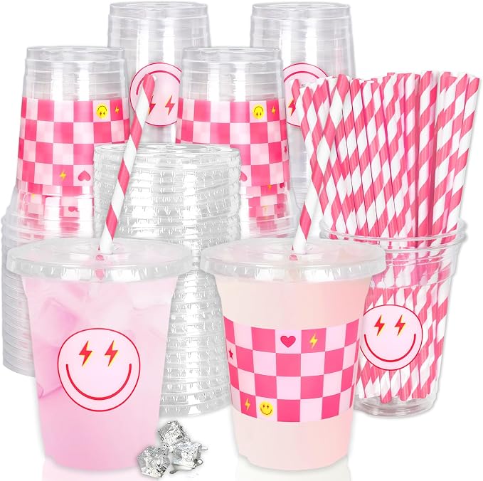 FYSUIMU 50Pcs Preppy Pink Smile Disposable Plastic Cups with Lids and Straws Lightning Smile Heart Checkered Cold Beverage Drinking Cups for Birthday Baby Shower Wedding