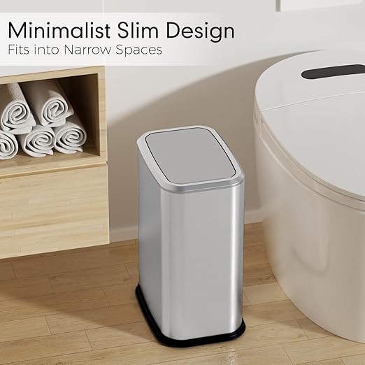 Bathroom Trash Can with Lid 8L/2.1 Gallon Silver Trash Can Small Garbage Can with Swing Top Lid Slim Stainless Steel Garbage Can with 100 Counts Trash Bags for Bathroom Bedroom Kitchen Office Toilet