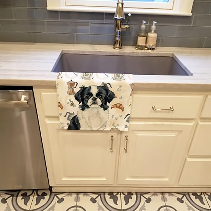 Caroline's Treasures Black and White Japanese Chin Coffee Bar Kitchen Towel Velour Plush Front and Cotton Loop Back Machine Washable