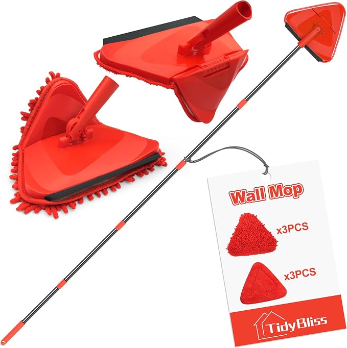 TidyBliss Wall Cleaning Mop with Long Handle 80”, Ceiling Duster Scrubber with 360° Swivel Collapsible Head, Baseboard Cleaner Tool with 3 Chenille and 3 Microfiber Pads for Windows Floor (Red)