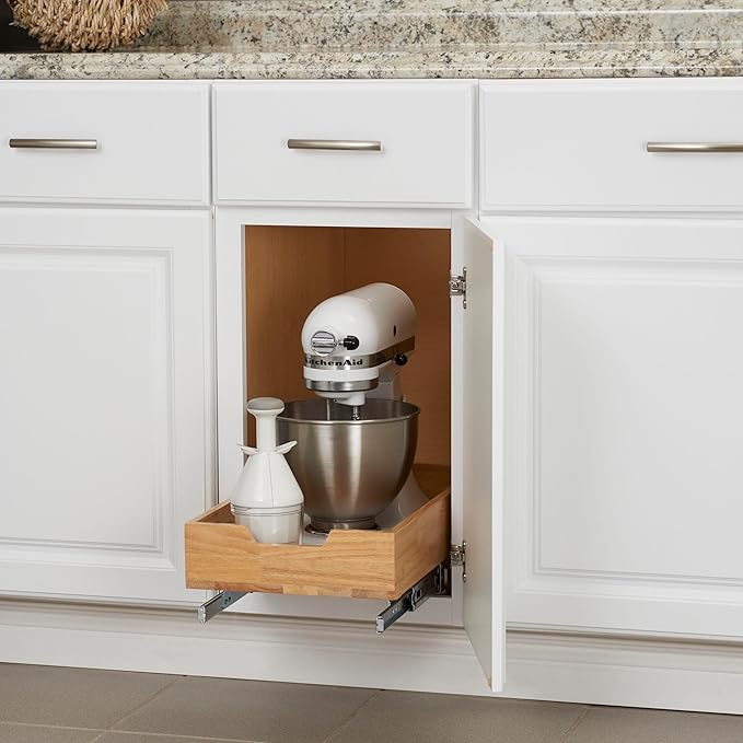 Household Essentials Glidez Steel and Wood Pull-Out/Slide-Out Storage Organizer for Under Cabinet Use - 1-Tier Design - Fits Standard Size Cabinet or Shelf, Brushed Nickel and Natural