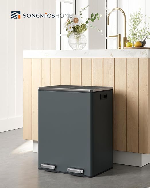 SONGMICS HOME Trash Can with 2 Compartments for Kitchen, Garbage Can with 15 Trash Bags, Greenish Gray