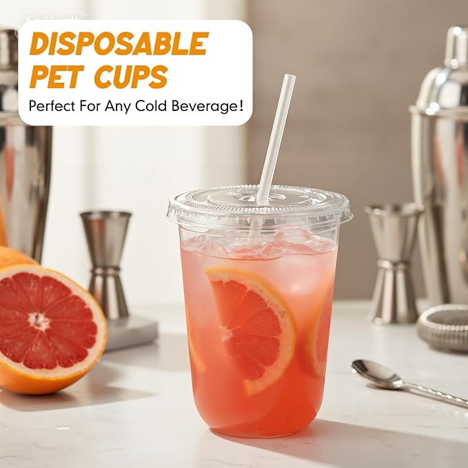 Ziliny 50 Sets Clear Round Bottom Plastic Cups with Lids and Straws, Cute Disposable Drinking Coffee Cups, for Christmas Valentine's Galentine's Day Party Wedding Birthday Supplies (16oz,Clear)