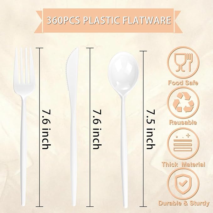 Supernal 360PCS White Plastic Silverware Set - Heavy Duty Disposable Utensils (120 Forks, 120 Knives, 120 Spoons) - Elegant Plastic Cutlery for Weddings, Catering, Party & Daily Dining