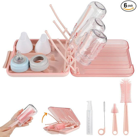 YomauiYee Baby Bottle Brush Set-6 in 1 Bottle Brush Cleaner with Silicone Bottle Brush,Drying Rack,Nipple Brush,Straw Brush,Soap Dispenser&Storage Box-Baby Essentials Gifts for Home&Travel(Pink)