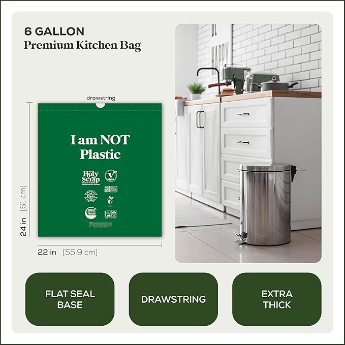 Medium Compostable Drawstring Trash Bags - 6-8 Gallon, 90 Pack | Plastic-Free Kitchen & Bathroom Garbage Bags with Drawstring Handles | Thick Bin Bag Liners for Green & Food Waste
