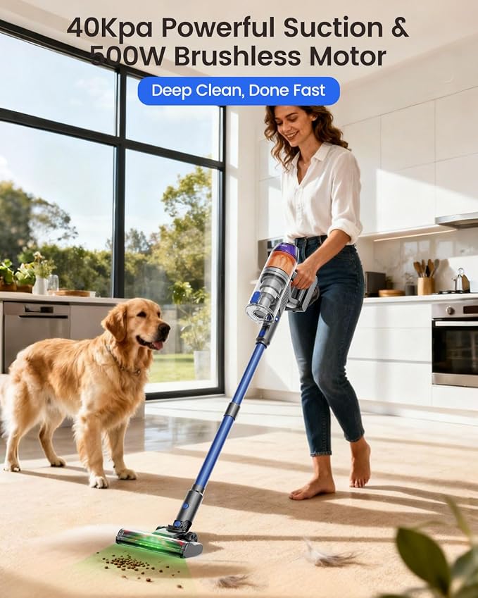 Cordless Vacuum Cleaner, 500W Vacuum Cleaners for Home Pet Hair, 60Mins Cordless Stick Vacuums with LED Display, Anti-Tangle, Lightweight Vacuum for Hard Floors, Carpet,Blue