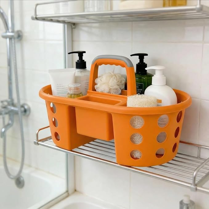 SIMPLYKLEEN Large Shower Caddy Portable 2PC - Made in USA Plastic Jumbo Size Dorm Storage Candy Tote with Handle Shower Organizer for Bathroom, Pantry, Kitchen, College Dorm, Green/Orange