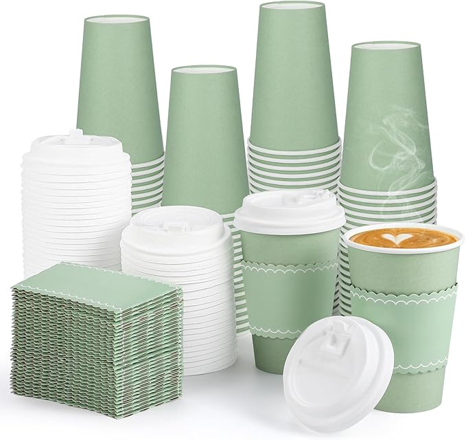 NatNarr 60 Pack Sage Green Coffee Cups with Lids Sleeves, 12oz Insulated To Go Paper Cups Sage Green Party Cups Disposable Paper Cups, Drinking Cups for Wedding Birthday Baby Shower Party Supplies