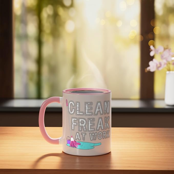 Clean Freak at Work Cleaning Ceramic Mug, Pink/White
