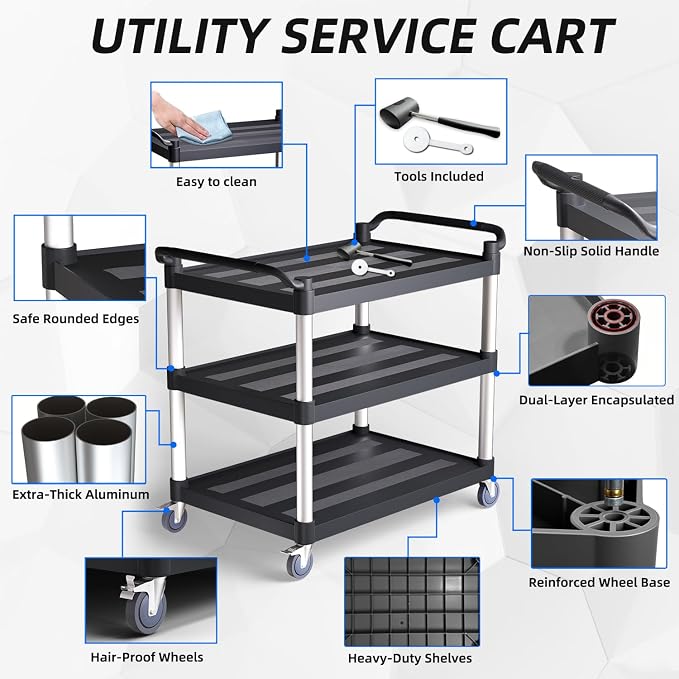 Utility Cart with Tangle-Free Wheels, Large Size 3 Tier Rolling Service Cart with Wheels(2 with Brakes), Heavy Duty 450 Lbs Capacity,Commercial Serving Cart for Home, Office, Restaurant, Warehouse.