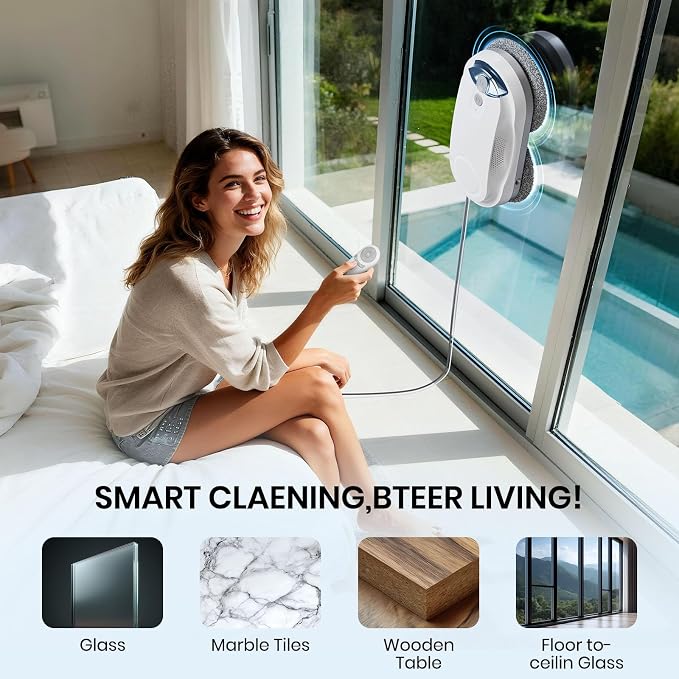 KKI Window Cleaning Robot, Auto Window Cleaner Robot, Dual Spray, Max 3200Pa, AI Path Planning & Edge Detection, Remote Control for High-Rise Windows Outside/Inside,8 Cloths, X3 (White)