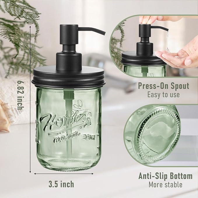 SheeChung 6Pcs Clear Bathroom Accessories Set, Toothbrush Qtip Holder & 2 Pack Green Glass Soap Dispenser, Kitchen Dish Soap Dispenser, Refillable, Black Bathroom Decor