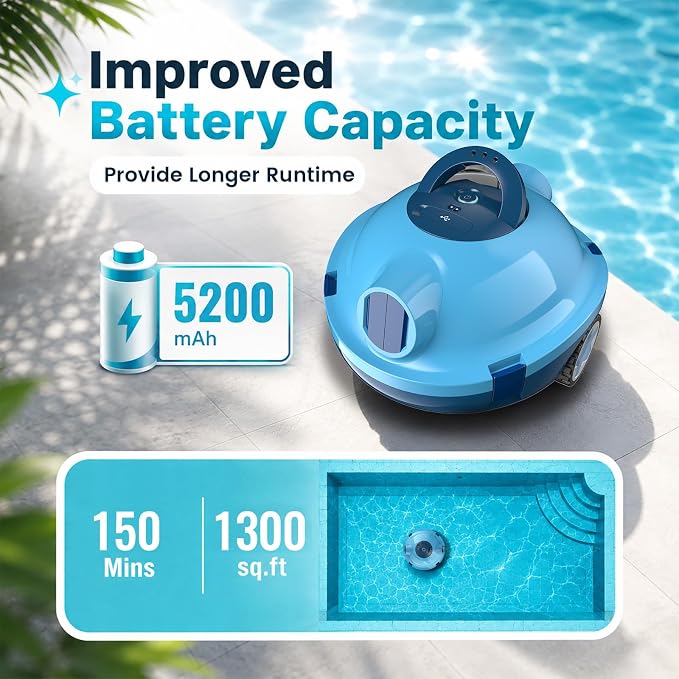 Y10 Robotic Pool Cleaner,Cordless Pool Vacuum with 150 Mins Runtime,High Efficiency Dual Suction Power,Self-Parking&Smart Navigation for Above-Ground & Flat Inground Pools up to 1300 sq.ft (Indigo)