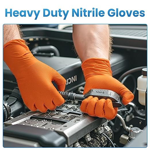 Borje Orange 8 Mil Nitrile Disposable Gloves, Heavy-Duty Mechanic Gloves, 100 Count, X-Large, Latex & Powder Free with Raised Diamond Texture, Industrial, Automotive, Gardening