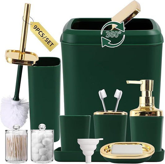 XLHOMO Bathroom Accessories Set, Green Bathroom Set, Dark Green Bathroom Accessory Set with Trash Can, Soap Dispenser, Soap Dish, Toothbrush Holder and Q-tip Holders