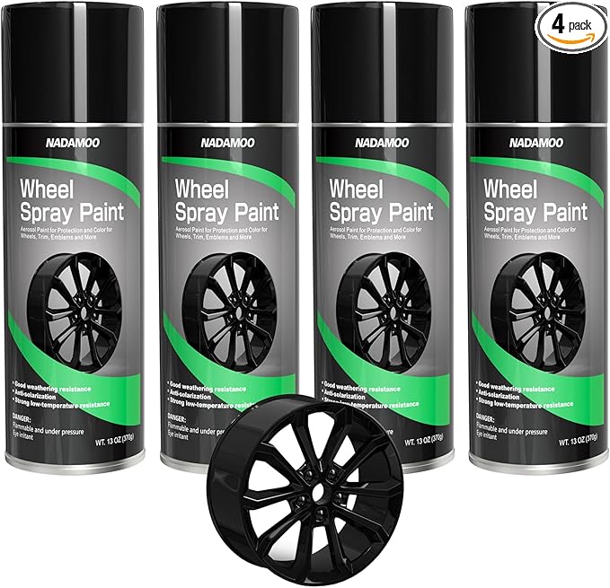 NADAMOO Aluminum Wheel Spray Paint, Semi-gloss Aerosol Car Rim Paint for Recolor and Protection of Metal Surface, Gloss Black, 4 Cans, 13 Oz Per Can