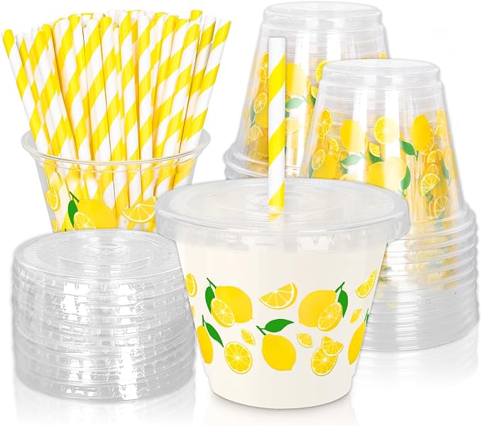 FYSUIMU 100Pcs Lemon Disposable Plastic Cups with Lids and Straws 9Oz Cute Yellow Lemonade Cold Beverage Drinking Cups for Summer Birthday Baby Shower Party Supplies