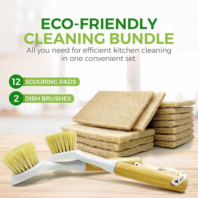 AIRNEX Bamboo Dish Brushes & Coconut Husk Scouring Pads – Eco-Friendly, Odor Free & Non-Scratch Cleaning for Dishes, Pots, Pans, and Sink – 2 Sisal Brushes & 12 Heavy-Duty Scrub Pads