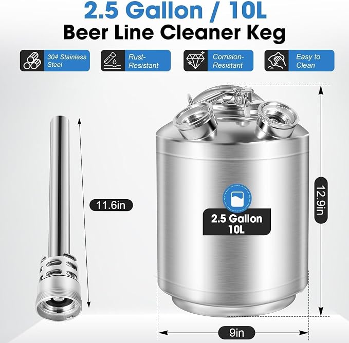 2.5 Gallon Kegerator Cleaning Kit, 304 Stainless Steel Beer Line Cleaning Kit with 2 D Coupler Keg Cleaning Kit Beer Line Cleaner with Ergonomic Carry Handle Pressure Release Valve Lid