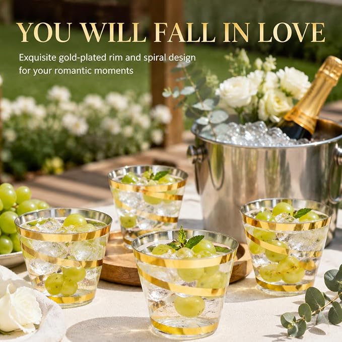 100 Pack 9 OZ Clear Plastic Cups with Gold Rim, Disposable Rimmed Swirl Cocktail Party Cup, Heavy Duty Elegant Wine Glasses, Drinking Tumbler for Weeding Christmas Single Party (Black, Gold)