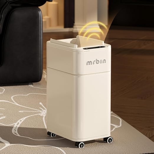 MRBIN Bathroom Metal Adsorption Motion Sensor Trash Can with Butterfly Lid and Wheels, 4 Gallon Kitchen Automatic Waste Garbage Basket for Office, Near Desk, Bedroom, Rv, Cream White
