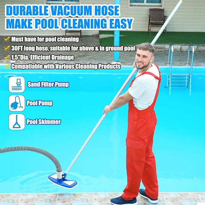 3 Pcs Pool Cleaning Kit Swimming Pool Vacuum Head Hoses 1-1/2" x 30ft with Swivel Wheel Vacuum Head and 14 '' Brush for Inground & Above Ground Pools Spas Ponds Cleaning Manual(Classic)