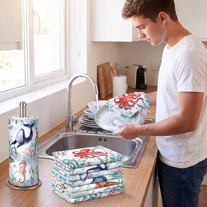 Tinlade 36 Pack Reusable Cleaning Cloths Washable Cotton Kitchen Towels Bulk 11.81 x 9.84 Inches Absorbent Dish Towels Roll for Home Kitchen Cleaning Supplies 12 Styles(Ocean Animal)