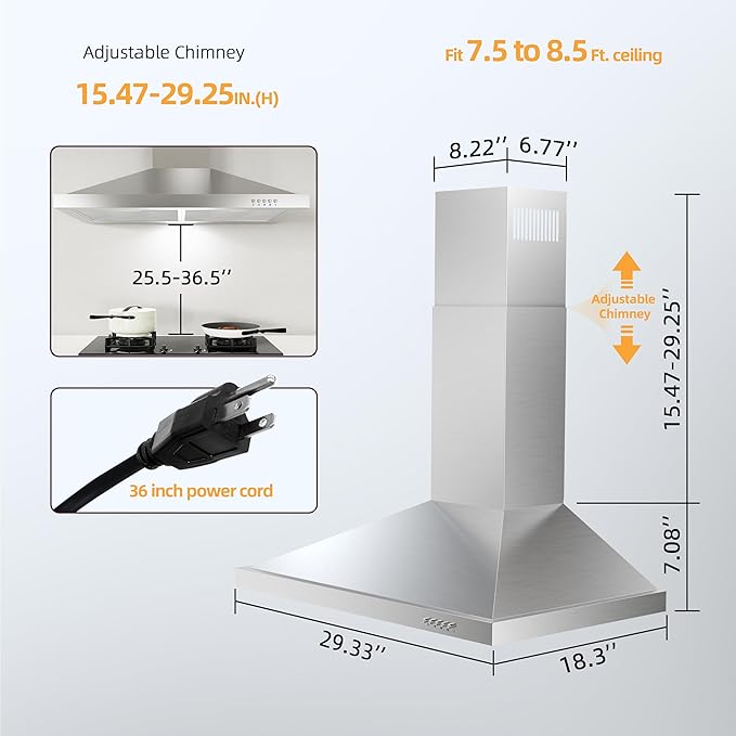 FIREGAS Range Hood 30 inch Wall Mount Type with Ducted/Ductless Convertible, 450 CFM Stainless Steel Chimney-Style Kitchen Hood, Over Stove Vent Hood with 3 Speed Fan, LED Light, Charcoal Filters
