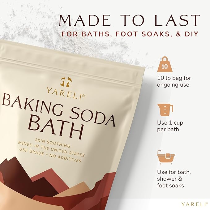 Yareli Baking Soda Bath, 10lb Naturally Mined USP Grade, for Muscle Recovery, Relief of Dry Skin and DIY Bath Bombs