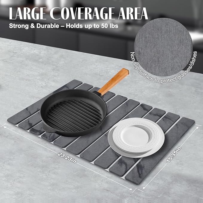 Stone Dish Drying Mats for Kitchen Counter, 24"(L)×16"(W) Marble-Pattern Dish Drying Mat, Eco-Friendly Absorbent Diatomaceous Earth Mats for Dishes Bottles Cups, Match Any Countertop【 Dark Grey】