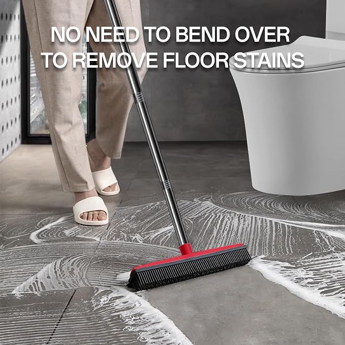 Pet Hair Rubber Broom with Squeegee for Carpet,Fur Remover Broom Carpet Rake for Pet Hair Removal, with 50"（130cm） Long Handle, Dual-Sided for Hardwood Floor, Tile,Portable Detailing Lint Brush-Red