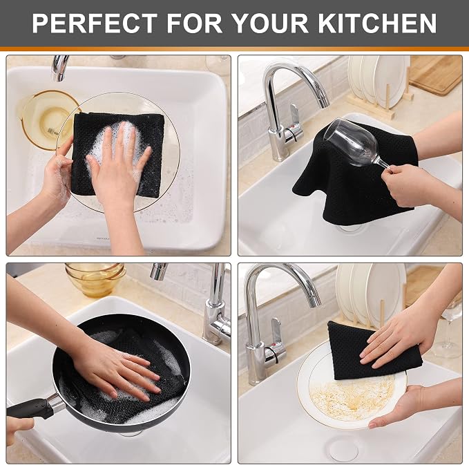 Kitinjoy 100% Cotton Kitchen Dish Cloths (12 X 12 Inches, Black), 6 Pack Waffle Weave Ultra Soft Absorbent Dish Towels for Drying Dishes Quick Drying Kitchen Towels Dish Rags