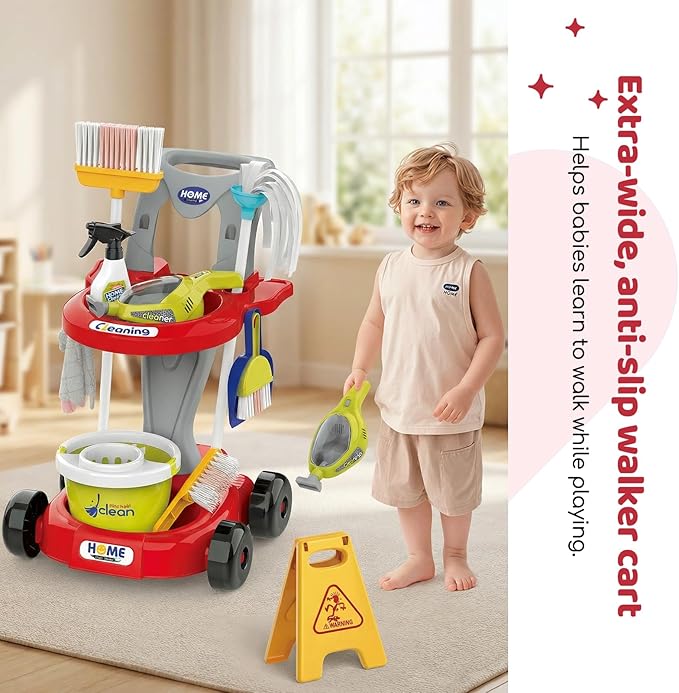 Toddler Cleaning Toy Set, Kids Cleaning Set - Pretend Play Educational Kit with 2-in-1 Toy Vacuum, Mobile Cleaning Cart, Broom & Dustpan, Home Cleaning Toys for Boys Girls(Red)