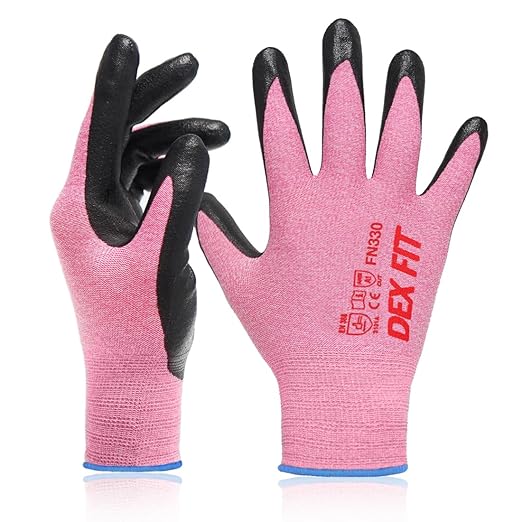 DEX FIT Nitrile Work Gloves FN330, 3D-Comfort Stretchy Fit, Firm Grip, Thin & Lightweight, Touch-Screen Compatible, Durable, Breathable & Cool, Machine Washable; Pink XS (6)