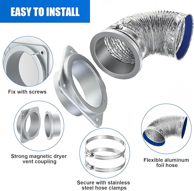 Magnetic Dryer Vent Connector Kit, Self-Alignment Magnetic Dryer Vent Coupling Strong Airtight Seal Magnet Dryer Vent Quick Connect Disconnect Easy to Clean 4" Exhaust Vent Hose