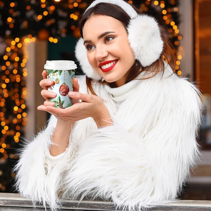 Gerrii 100 Set Christmas Paper Cups Disposable 12 oz with Lids Hot Chocolate Cups Coffee Cups Holiday Hot Cups for Hot and Cold Drinks Tea Water Bar Supplies Winter Season (Vintage Rural Style)