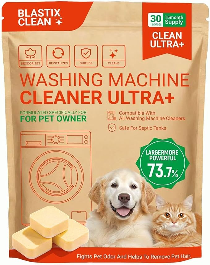 BLASTIX Ultra+ Plant-Based Washing Machine Cleaner Tablets | 30 Count | Pet Hair & Odor Control | Light Lemon Scent | Recyclable Kraft Paper Packaging