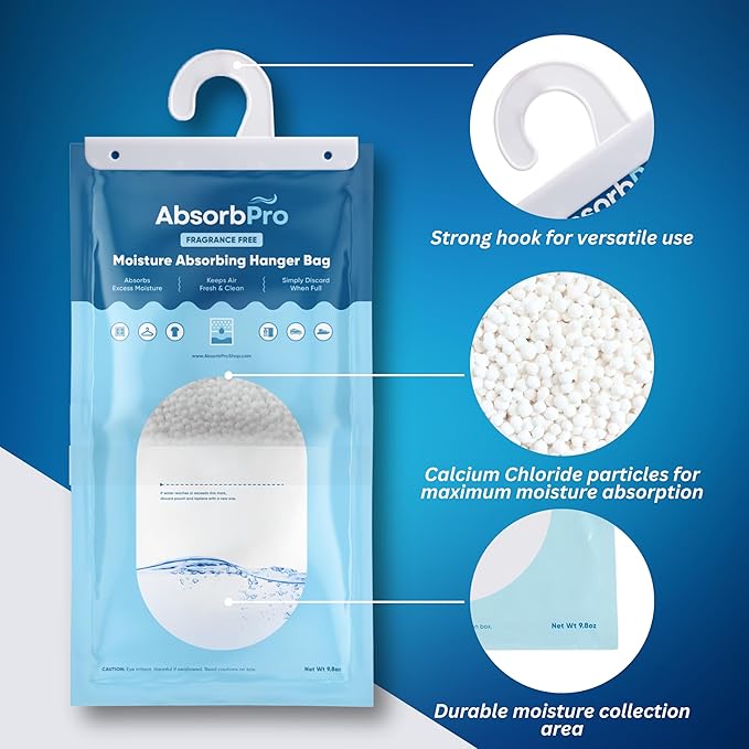 Absorb Pro - Moisture Absorbing Hanger Bag Fragrance Free - 10-Pack - 9.8 oz Hanging Dehumidifying Packs for Home, Kitchen, Bedroom, Bathroom, Closet, Rooms, Cars