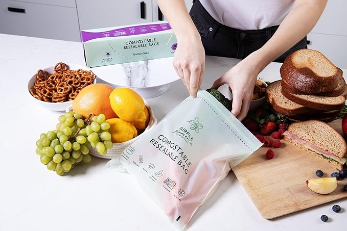100% Certified Compostable Gallon Bags (30 Counts), Resealable BioBased, Leak Proof And Freezer Safe, Extra Strength Storage, Also Available Gallon, Snack and Sandwich Size Bags (Gallon) | Biobased, Leak-Proof, Durable, Freezer-Safe, Extra Strong