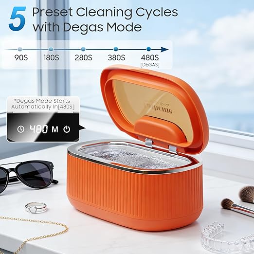Ultrasonic Jewelry Cleaner Machine with 2×100ml Cleaning Solution, 45kHz Sonic Cleaner for Rings, Glasses & Watch Band, 550ML Stainless Steel Tank, 5 Timer, 3 Power Levels, Degas Mode-Orange