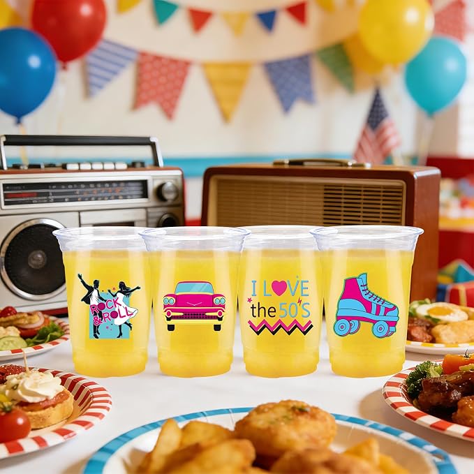 100Pcs 1950s Plastic Cups 16 oz 50s Rock and Roll Disposable Cups 50's Retro Music Plastic Tumblers for 1950s Music Rocking Hip Hop Birthday Party Supplies Beverage Drinking