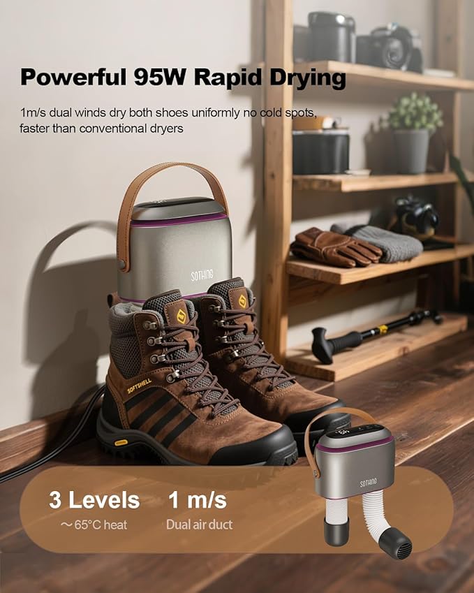 SOTHING Boot Dryer, Portable Shoe Dryer for Sneakers, Ozone Deodorizer, Retractable Hoses, 95W Rapid Drying, 3 Heat Levels, LED Touch Panel, 1–9H Timer, for Work Boots, Soccer Cleats, Gloves, Purple